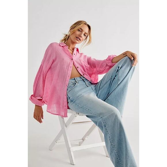 Free People Tops - Free People Oversized Pink Button Down Blouse Size M